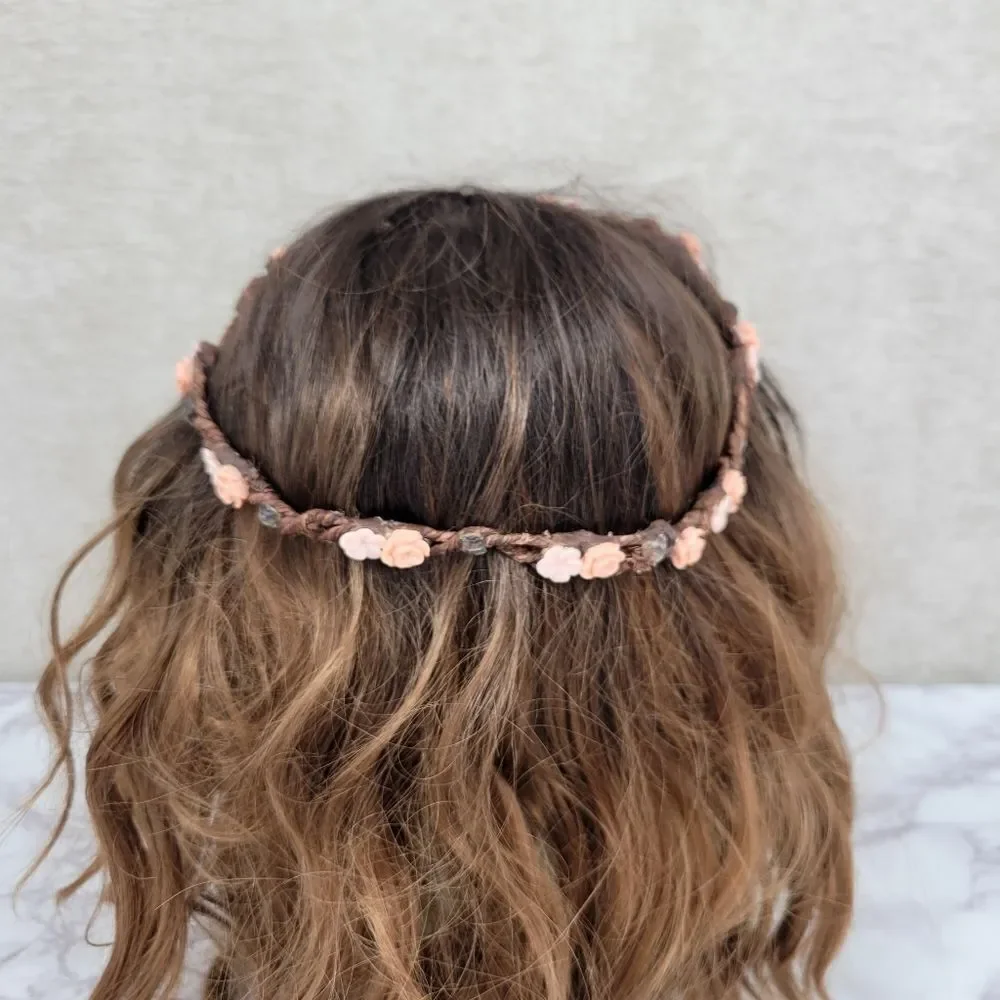 Floral Braided Headband Crown with Pink and Peach Flowers Bohi Hippie Festival